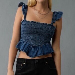 American Eagle Outfitters Blue Ruffle Smocked Crop Top